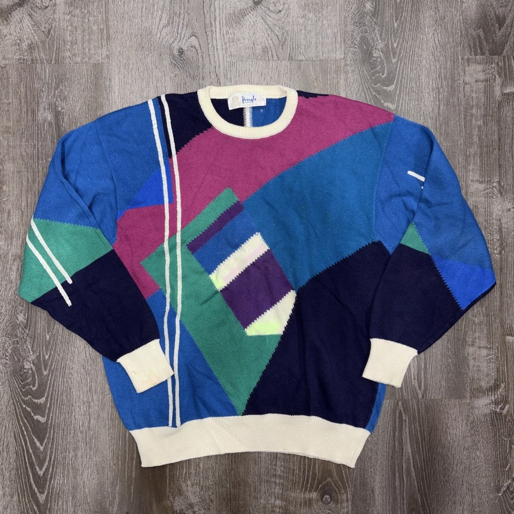 VTG Pringle Of Scotland Knit Sweater Mens Medium Golf Abstract Graphic 90s